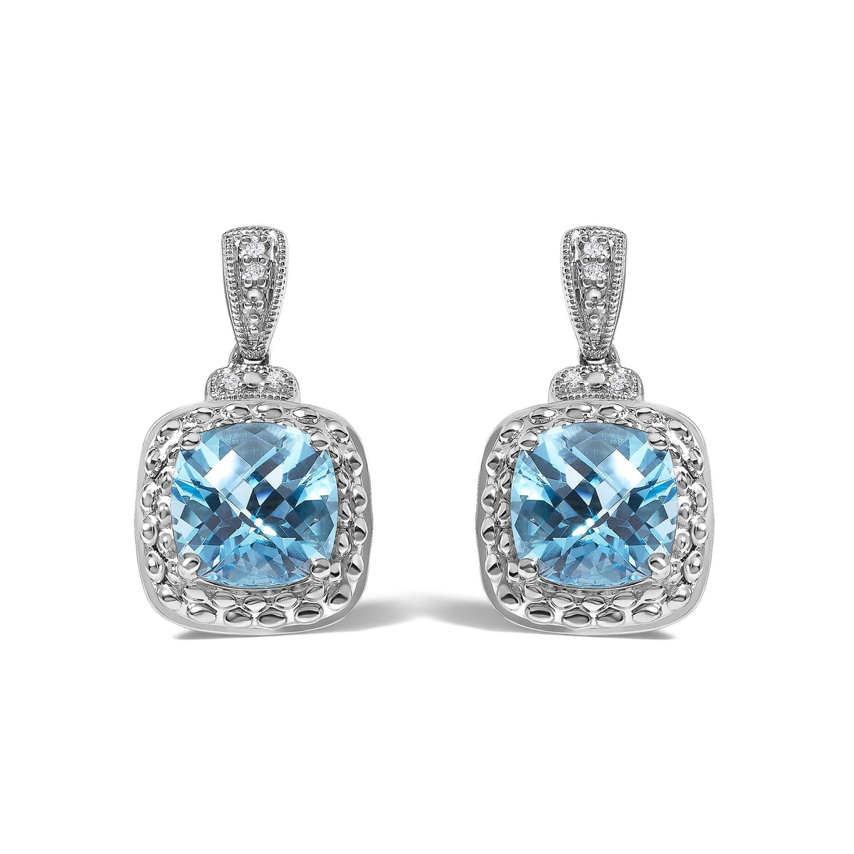 Sterling Silver 8x8mm Cushion Cut Blue Topaz and Diamond Accent Drop Earrings-0