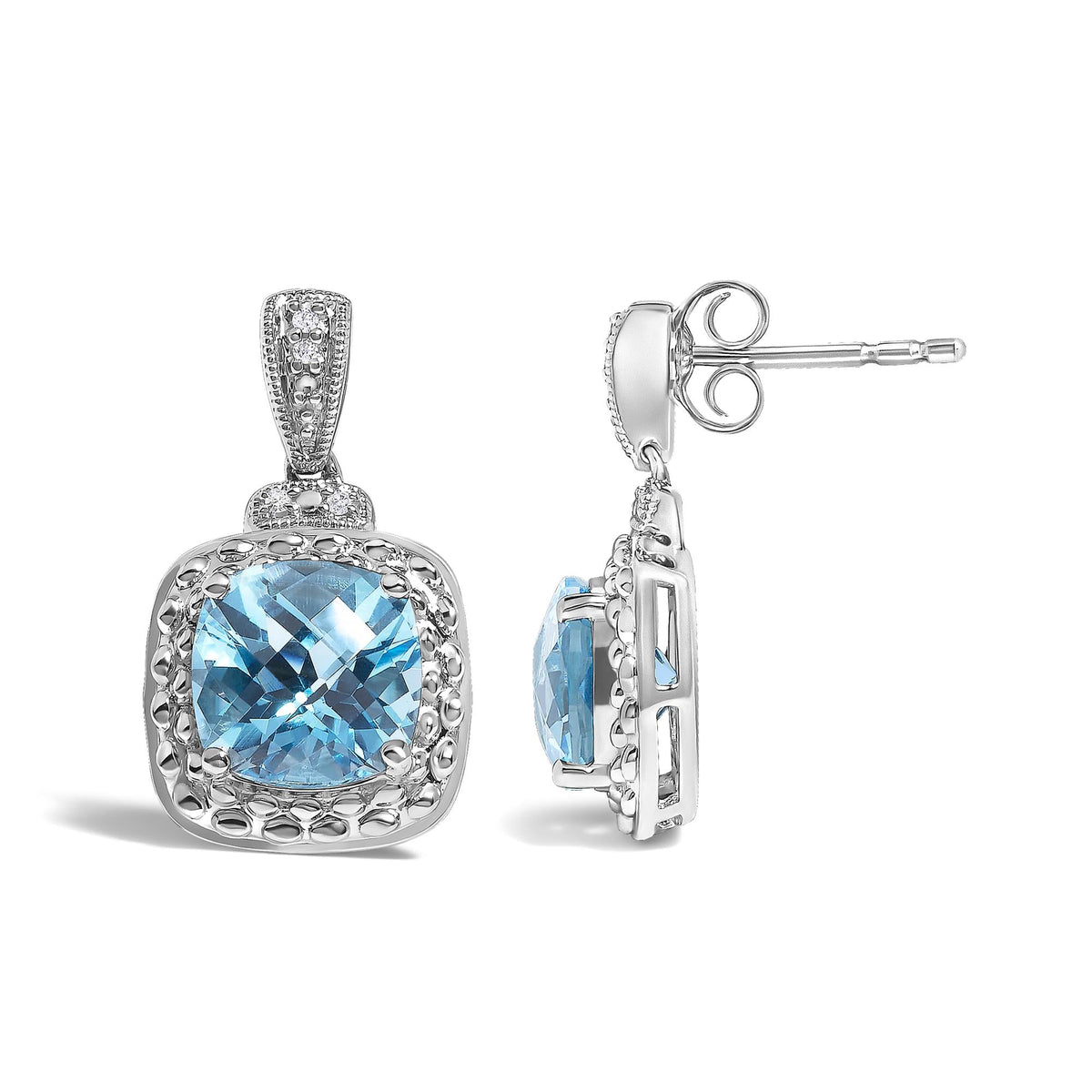Sterling Silver 8x8mm Cushion Cut Blue Topaz and Diamond Accent Drop Earrings-3