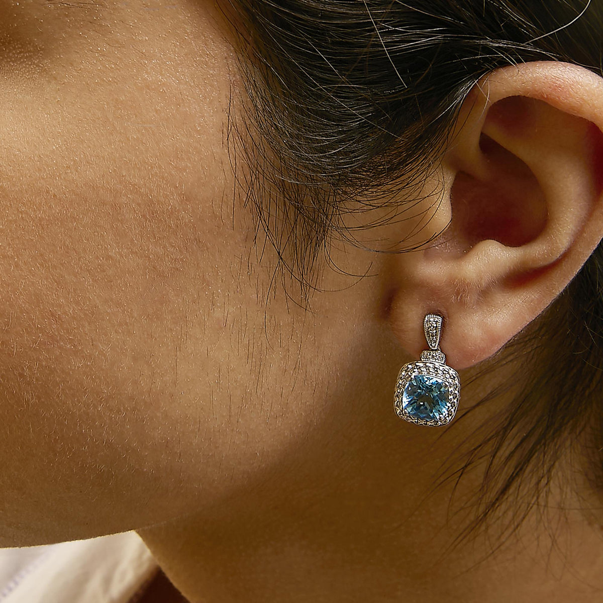 Sterling Silver 8x8mm Cushion Cut Blue Topaz and Diamond Accent Drop Earrings-2