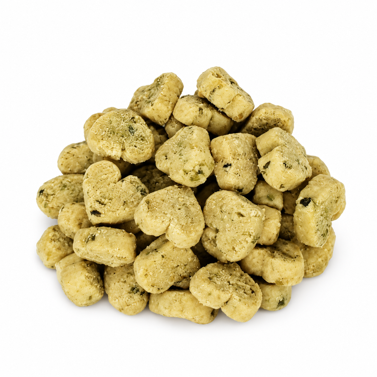 Pale golden heart-shaped dog treats with speckles on white background